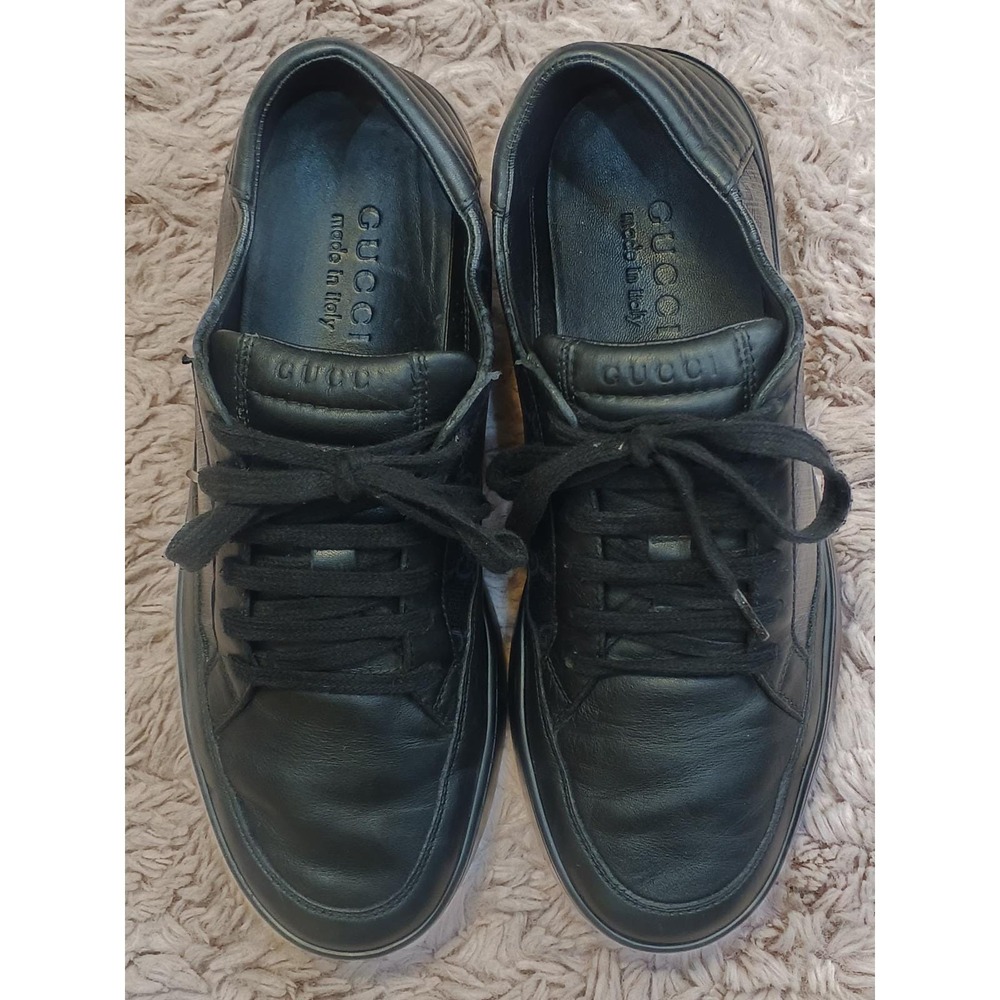 Gucci Mens Black Leather GG Supreme Monogram Low Top Sneakers 433716 Size 9